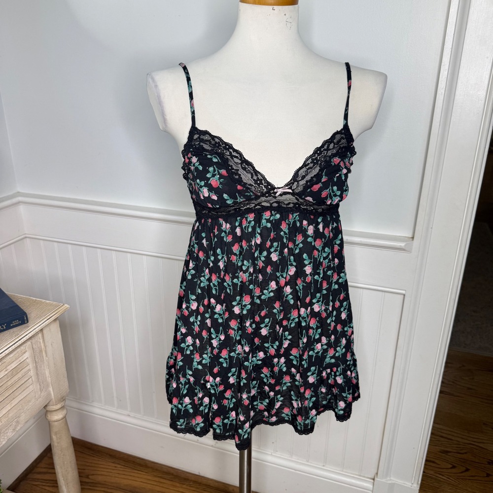 Victoria's Secret Black Pink Floral Rose Lace Trim Modal Babydoll‎ Chemise Small